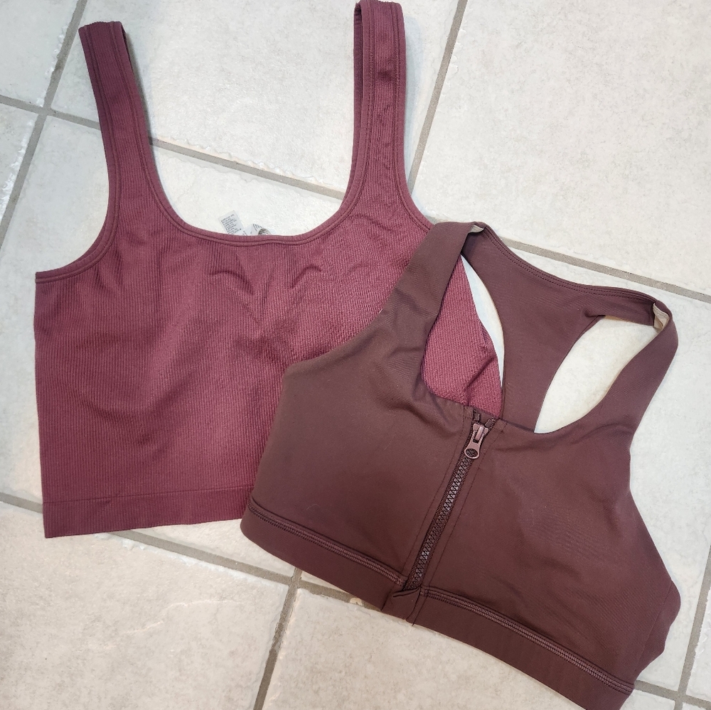 Women’s Ribbed Crop Tank & Zip-Front Sports Bra Set - Plum/Brown